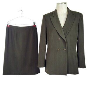 Le Suit Skirt Suit Size 12 Army Green Pinstripe Double Breasted Back Zip Skirt